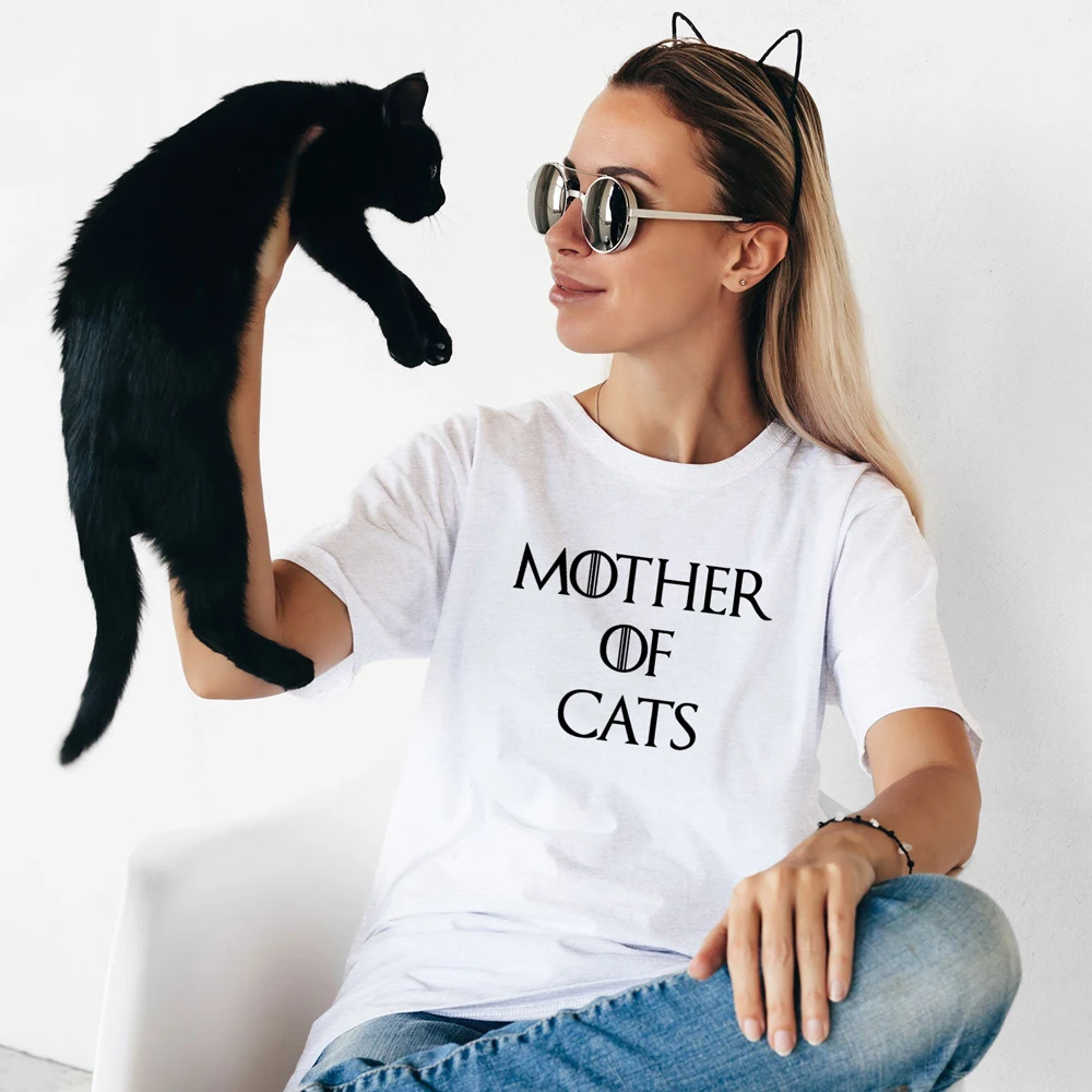 Mother Of Cats 100% Cotton T-shirt Cute Cat Mom Gift Tshirt Funny Women's Mother's Day Gift Top Tee Shirt