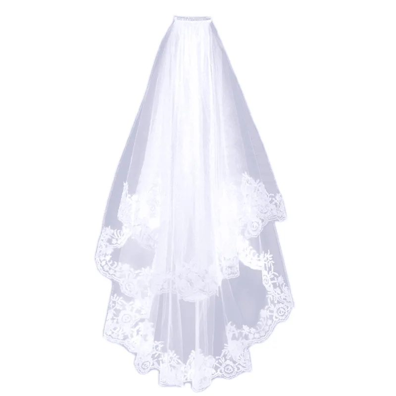 

Two Layer Veil With Comb Solid Color Soft Tulle Veil Short White Black Woman Bridal Veils with Lace Appliques