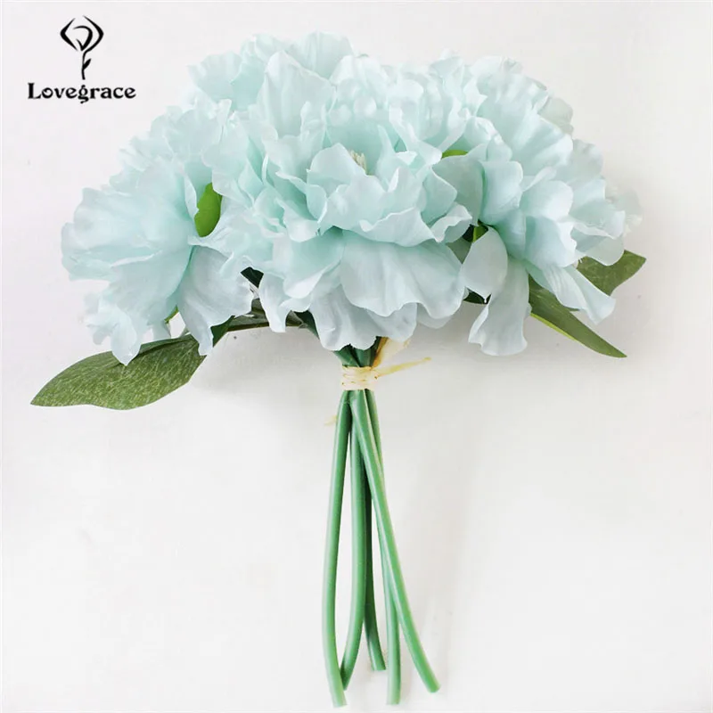 Lovegrace Wedding Bouquet Artificial Flower 5 Heads Silk Peony Bouquet Purple DIY Flower Arrangement Home Party Wedding Decor