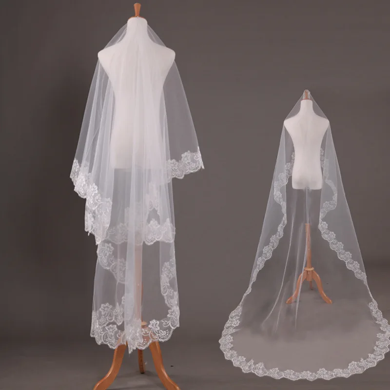 Recién llegado, velo de novia con borde de encaje blanco marfil, accesorios de Boda baratos sin peine, velos de Boda Welon, Matrimonio