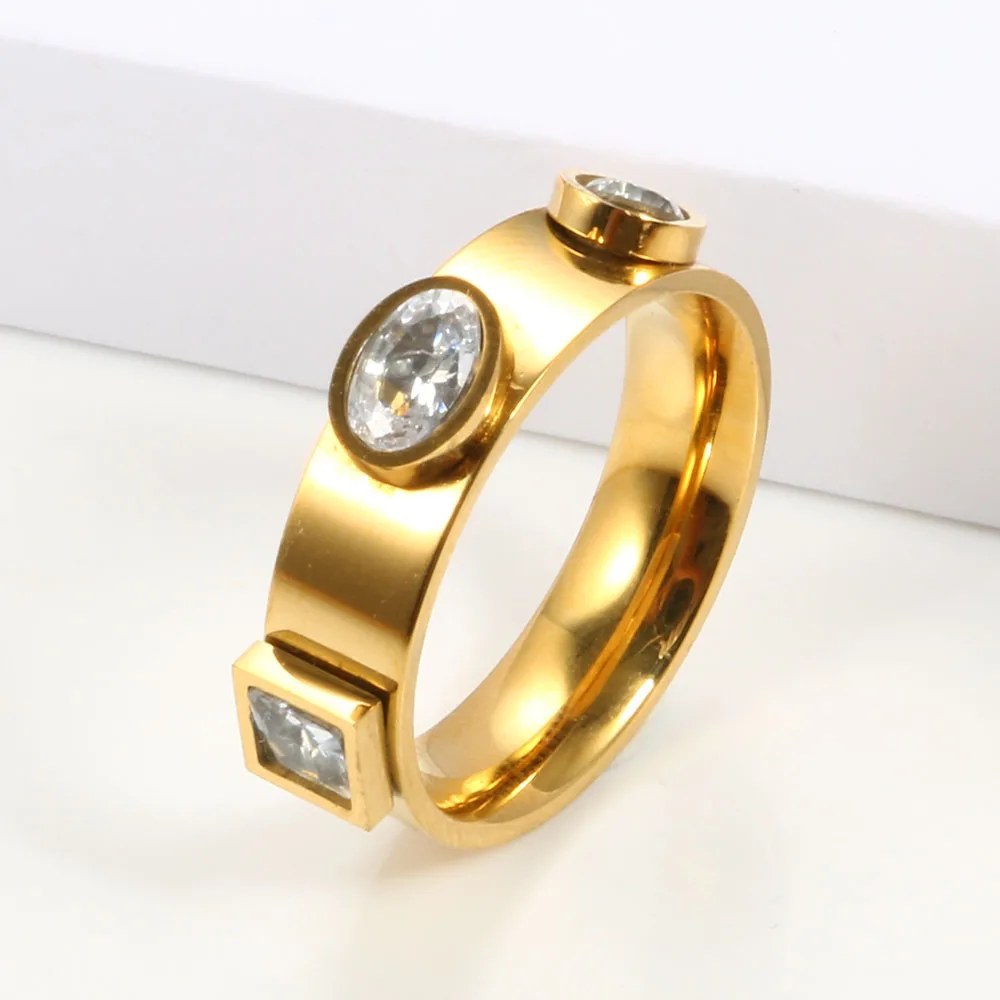 JINHUI Stainless Steel Gold Color Ring 3 Big CZ Crystal Stone Ring For Men Women Wedding Engagement Ring Jewelry Gift