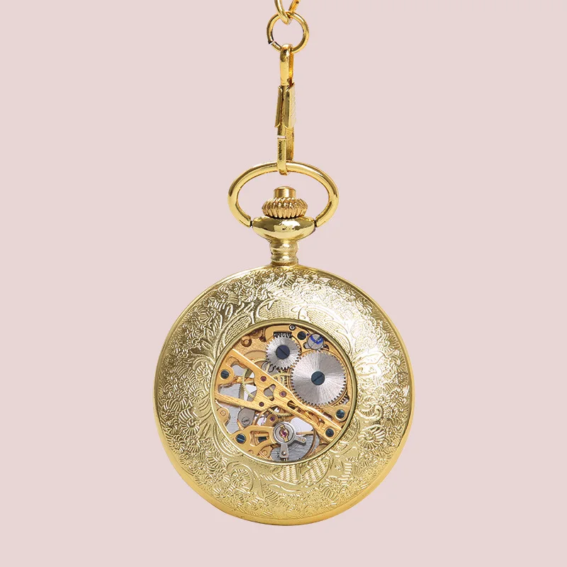 Reloj de bolsillo mecánico clásico con incrustaciones de flor densa dorada 8935, reloj de bolsillo con pantalla luminosa de escala romana antigua