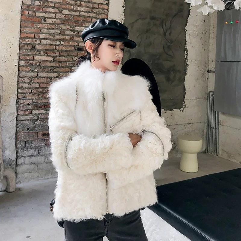 Women Luxury Real Fox Fur Collar Lamb Fur Short Coat Streetwear Mixed Color Winter Warm Real Fur Jacket Office Lady Outerwear