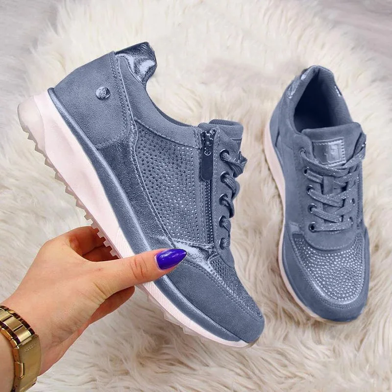 New Women Platform Sneaker Woman Autumn Lace Up Vulcanized Casual Fashion Shoes Female Sequined Cloth Shoes Ladies Flat Footwear