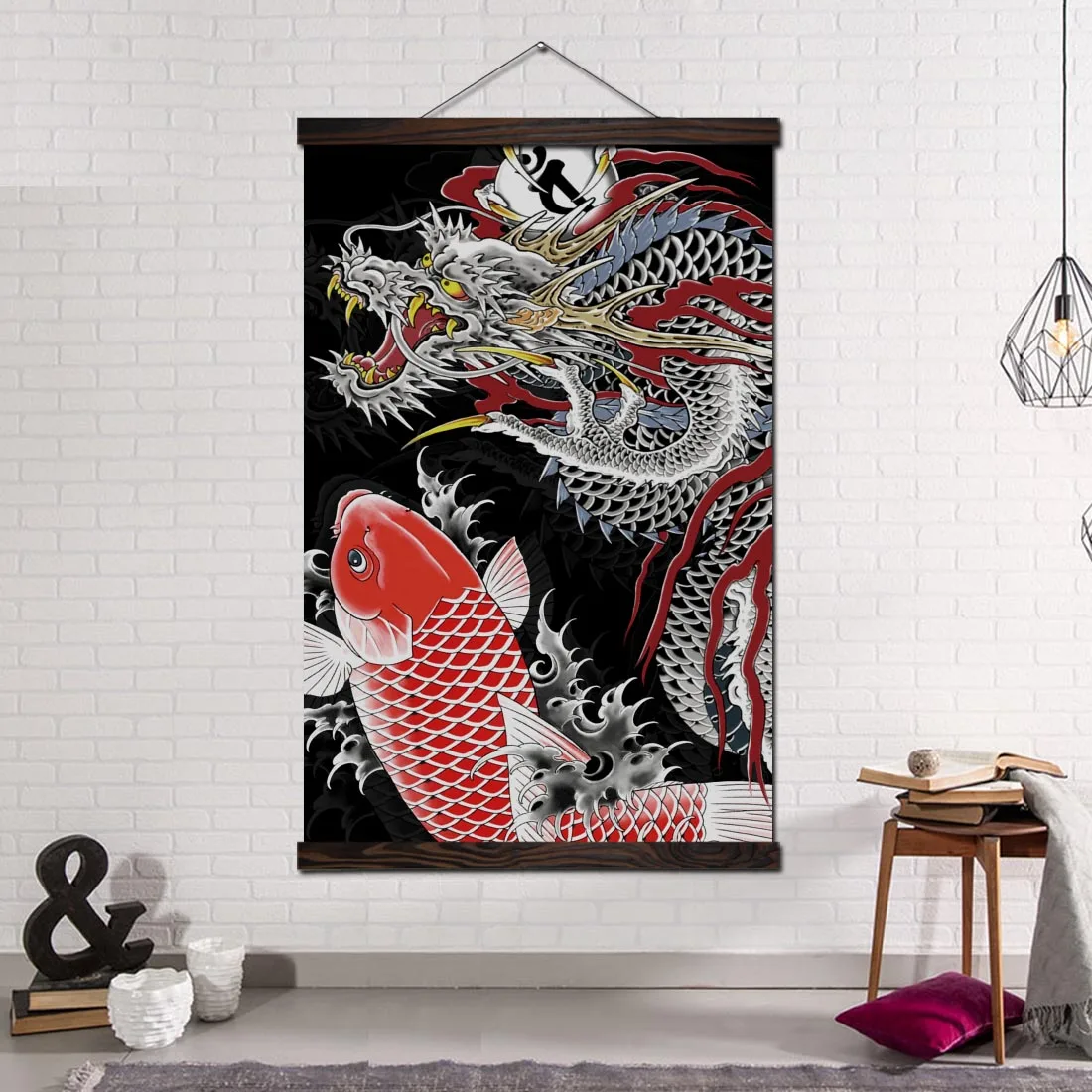 

Wall Art Canvas Painting Prints and Posters Scroll Hanging Poster Modern Picture for Home Decoration Amazing Red Dragon and Koi