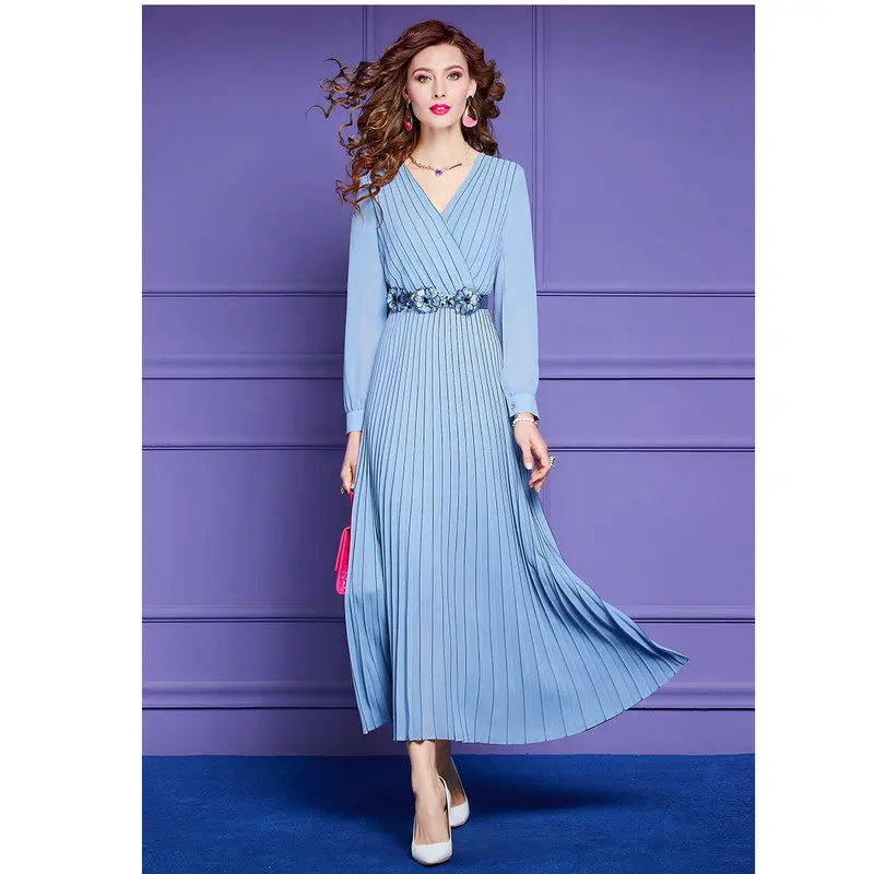 

Chiffon Dress Women's Long Sleeve Spring Dress New Light Mature Temperament V-Neck Pleated Skirt