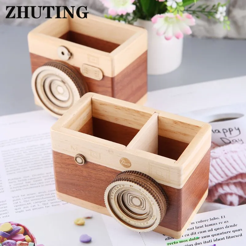 Sáng Tạo Máy Ảnh Hoa Văn Gỗ Bút Chì Giá Đỡ Đứng Cất Giữ Đồ Lặt Vặt Hộp Đa Năng Sử Dụng Đựng Bút Gỗ