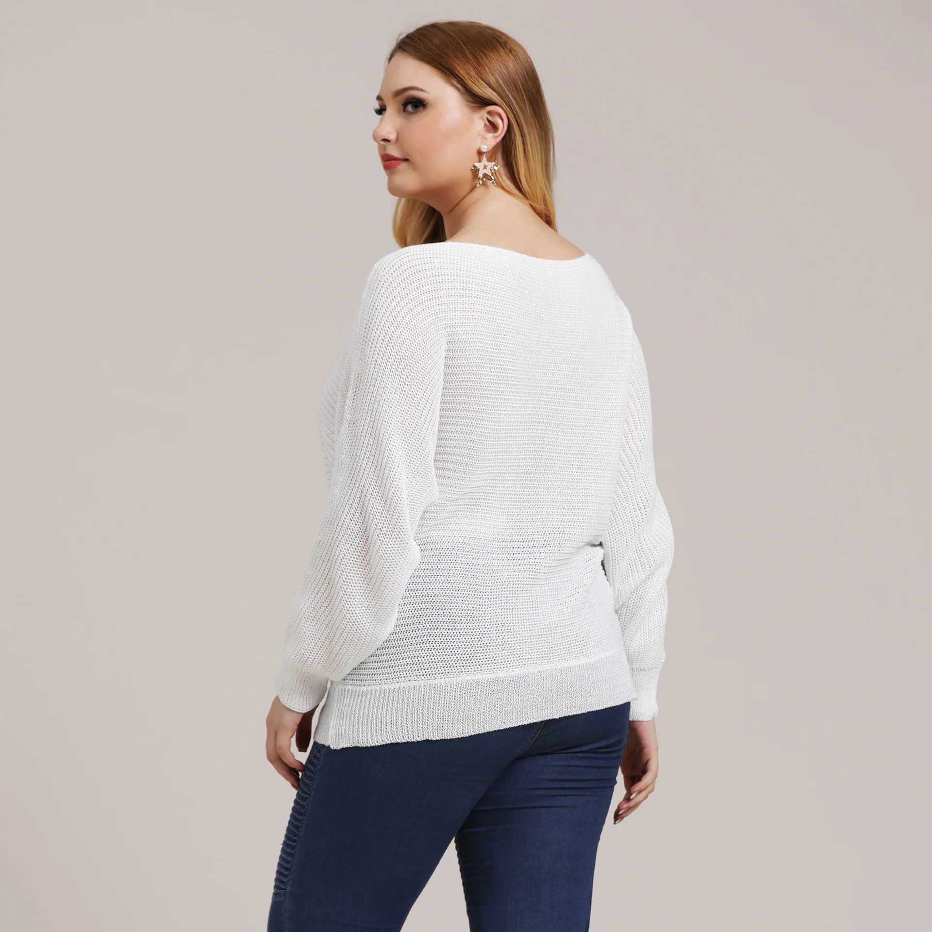 New 2021 Spring Autumn Plus Size Knit Tops For Women Large Long Sleeve Loose Thin White Gray Pullover Sweater 3XL 4XL 5XL 6XL