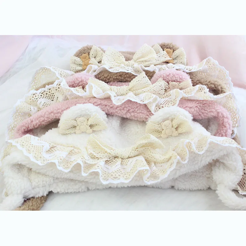 Lambswool Cute Bear Ears Plush Hat Lolita Lace Sweet Cute Pullover Bear Hat