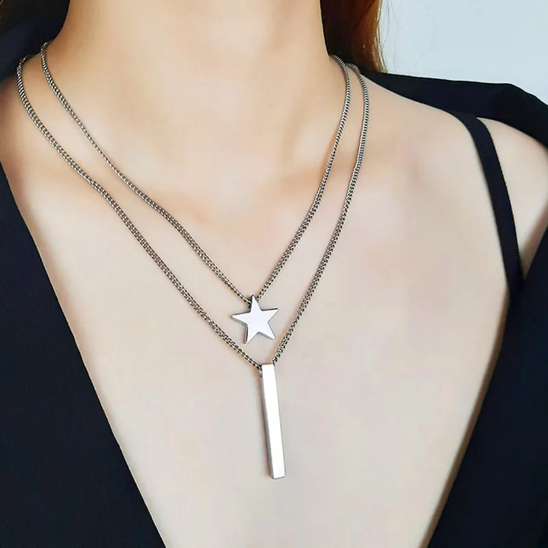 

Vintage Non-fading Stainless Steel Star Square Bar Necklace Women Necklaces Pendants Men Chain Jewelry Gifts