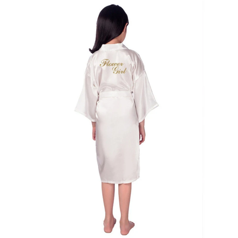 Wholesale Link Flower Girl Robe Gold Glitter Children Satin Silk Kimono Solid Color Kids Sleepwear for Wedding Spa Party D34