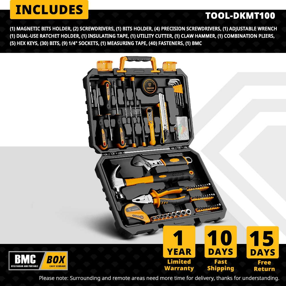 DEKO 100Pcs/113Pcs EDC General Household Repair Hand Tool Set with Tool box Socket Wrench Screwdriver Knife for Woodworking