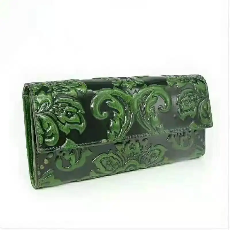 Floral Ladies Wallet Genuine Leather Coin Purse Vintage Card Holder Purse Woman Real Cow Leather Clutch Bag