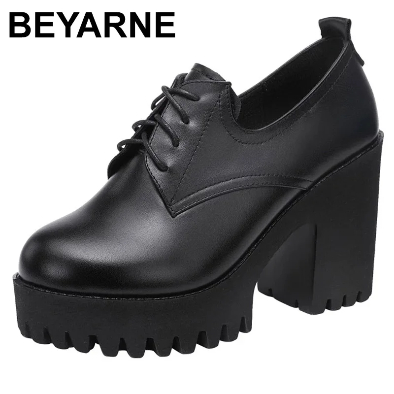 BEYARNEPlus Size32-43Block Heel Platform Pumps Women Shoes Fall Winter High heels Shoes Ladies Oxford Leather Shoes for Work