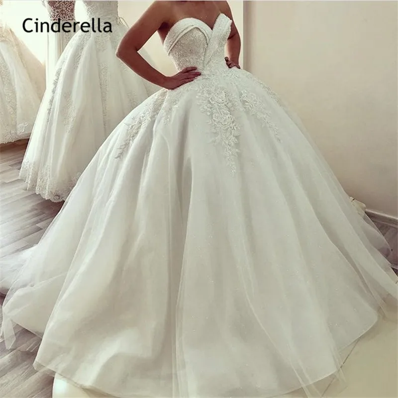 Cinderella Luxe Crystal Kralen Sweetheart Lace Up Back Lace Applique Prinses Baljurk Trouwjurken vestido de noiva