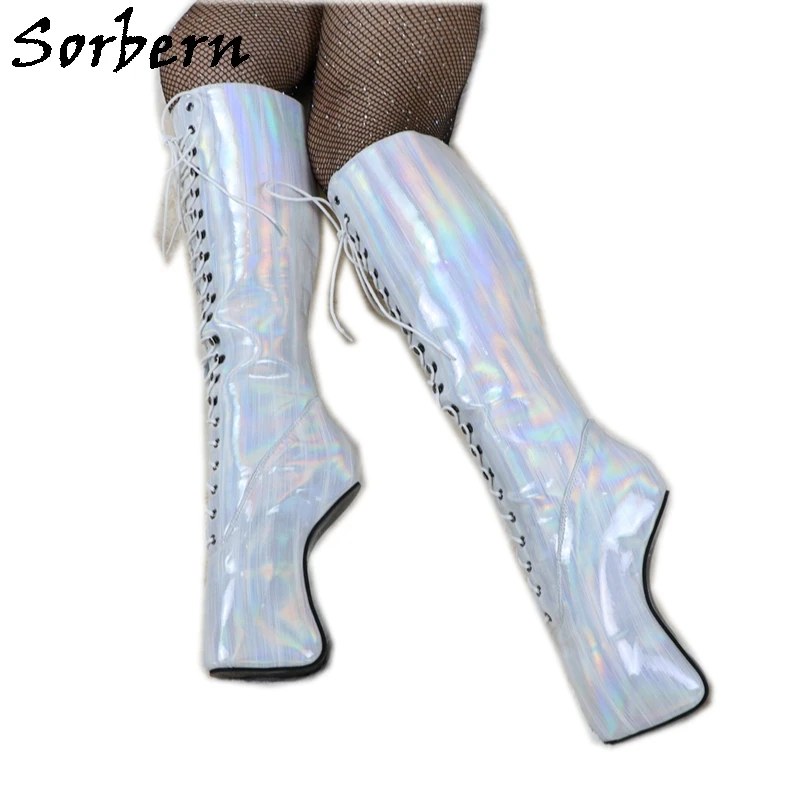 Sorbern White Holo Strips Cosplay Shoes Art Performance Boot Drag Queen Toe Painful Ballet Hoof Style Boots Knee High Lace-Up