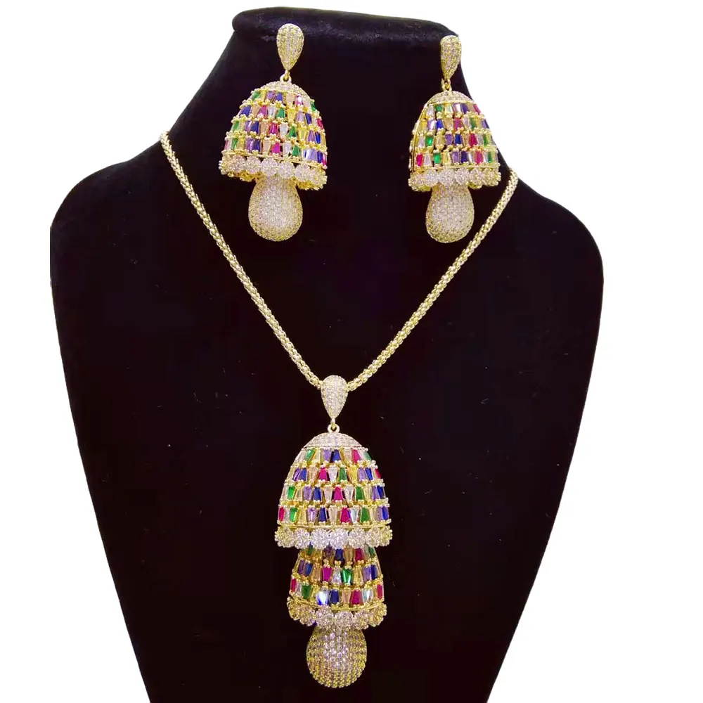 GODKI New Multicolor Mushroom Necklace Earring Sets For Women Wedding Bridal Cubic ZirconDubai High End Jewelry Set 2019