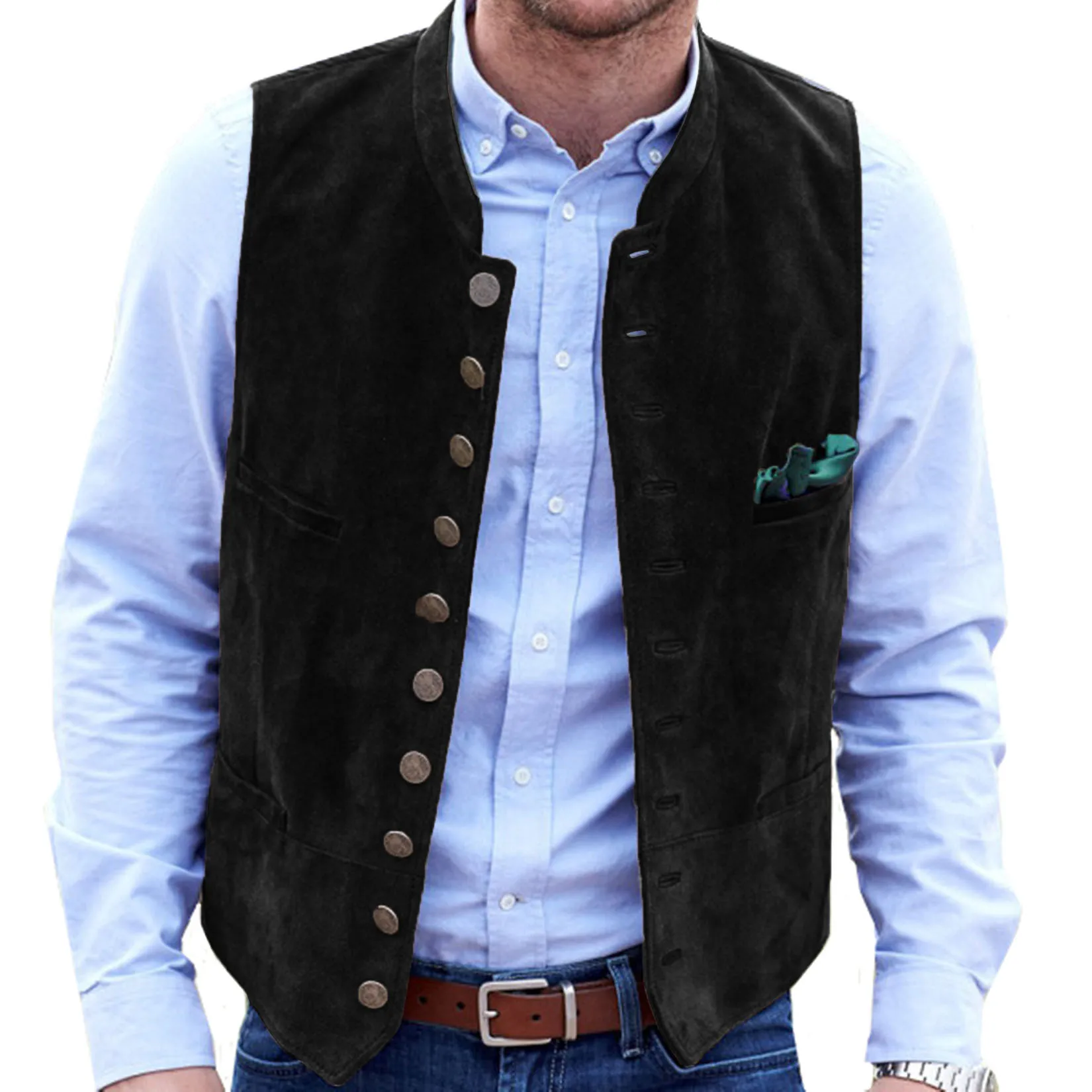 Men\'s Vest Suede Suit Vest Casual Steampunk Style Waistcoat Round Neck Single Breasted Sleeveless