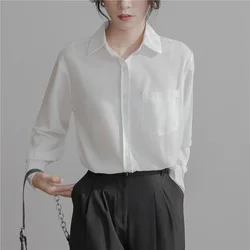 Blusa de manga larga para mujer, camisa con bolsillo, Color sólido, Primavera, 2021