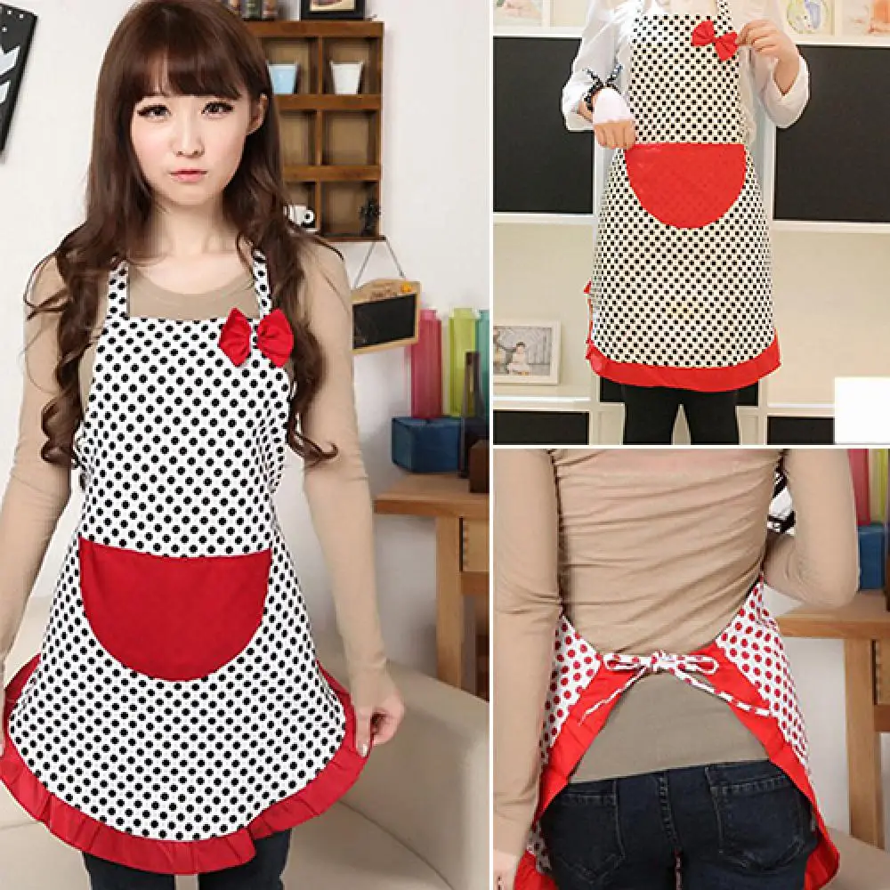 Women Apron With Pocket Cute BowKnot Dot Aprons Canvas Fashionable Practical Kitchen Restaurant Cafe Bib Cooking