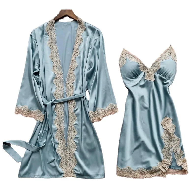 Women Summer Sling Nightgown Bathrobe Robe Sets Sexy Lace Floral Trim Split Bride Dressing Bath Gown M-XL Casual Home Clothes