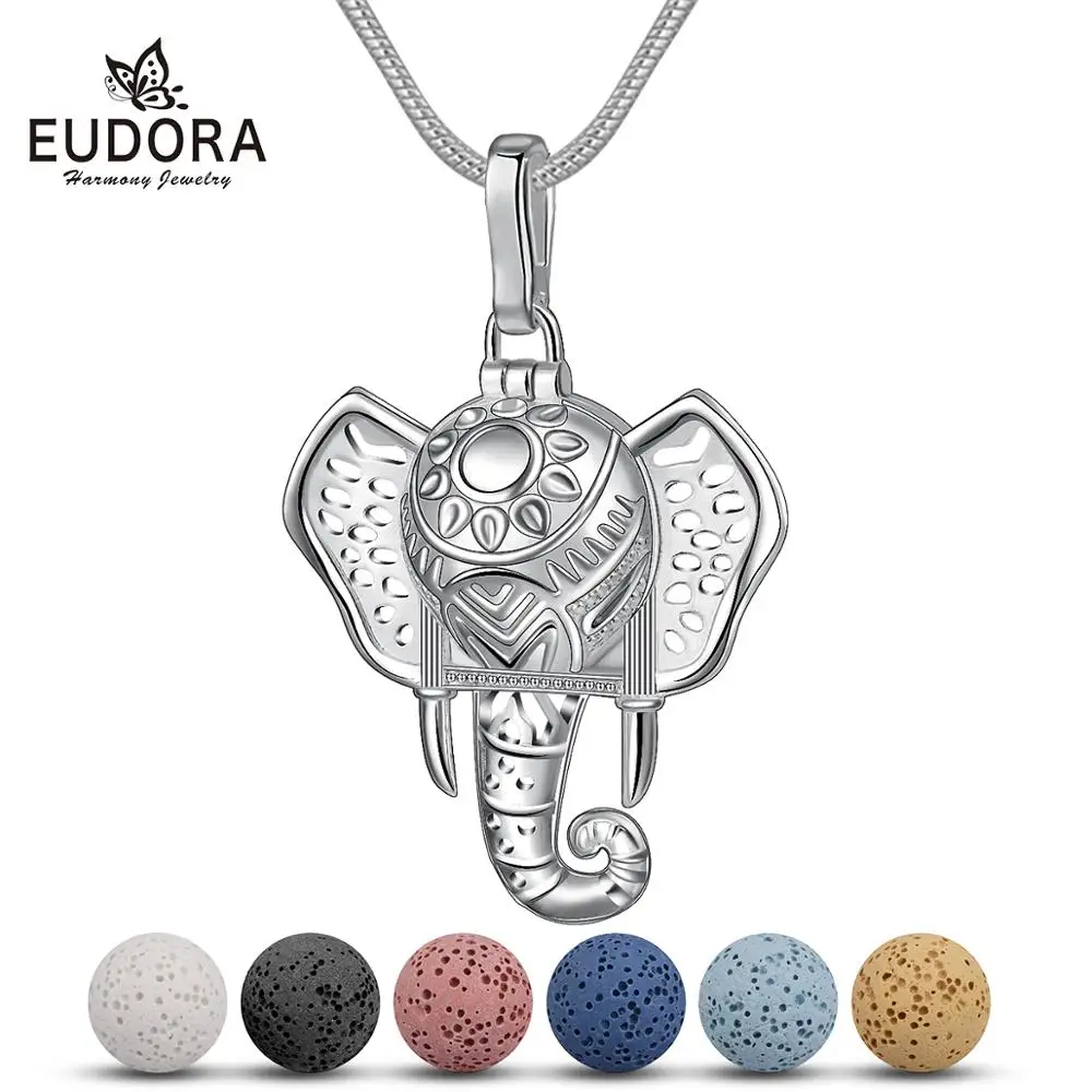 Eudora 12mm Lava Necklace Pendant Volcanic Stone cute Elephant Cage Necklace For DIY Essential Oil Perfume Fine Jewelry K315