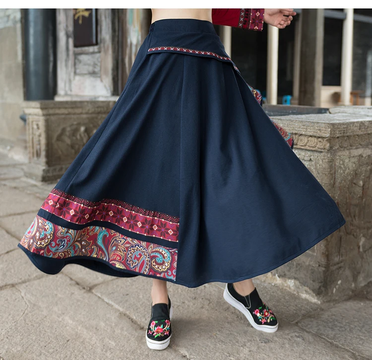 2023 New Cotton Linen Embroidery Women Skirt Ethnic Style High Waist Patchwork Skirts Womens Vintage Midi Mori Girl Skirts