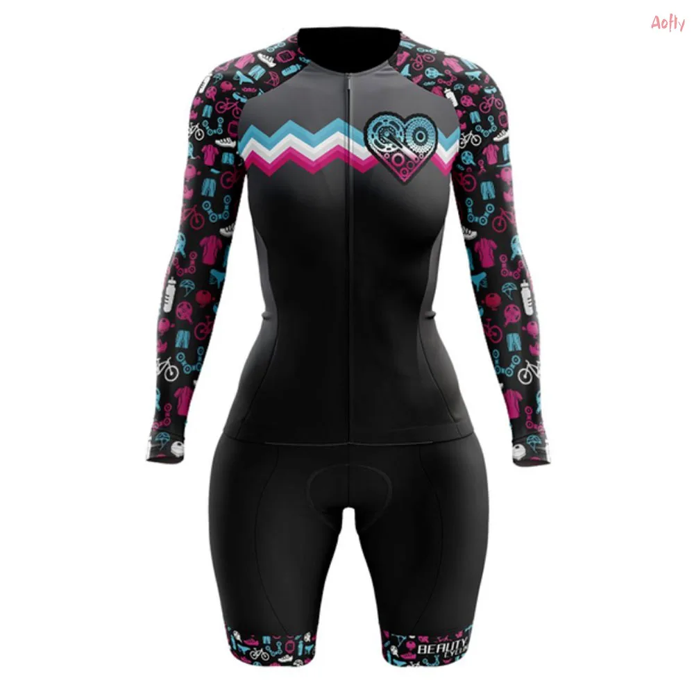 Vezzo Womens Cycling Triathlon Long Sleeve Cycling Suit Bike Accessories Clothing Tights Couple Jumpsuit Cyclist Outfit Skinsuit