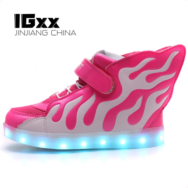 

IGxx High Top Big Wing LED Light Up Shoes For Kids HooK&Loop USB Charging Glowing Shoes LED Child Luminous LED Sneakers Boys