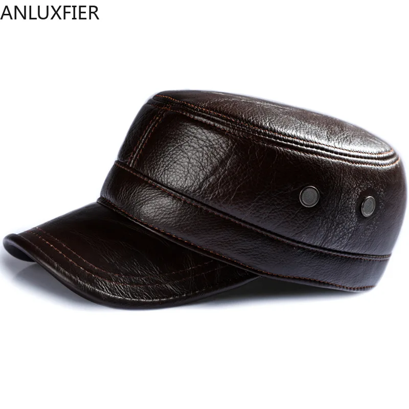 H6954 Autumn Winter Leather Visor Hat Men's Genuine Leather Flat Top Cap Middle-aged Elderly Male Thin Leisure Outdoor Warm Caps