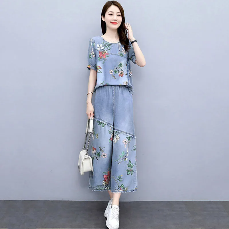 Denim Wide-Leg Pants Women\'s Suit New Casual Short Sleeve Printed Summer Dress Blast The Street Fashion Ethnic Style Two-Piece