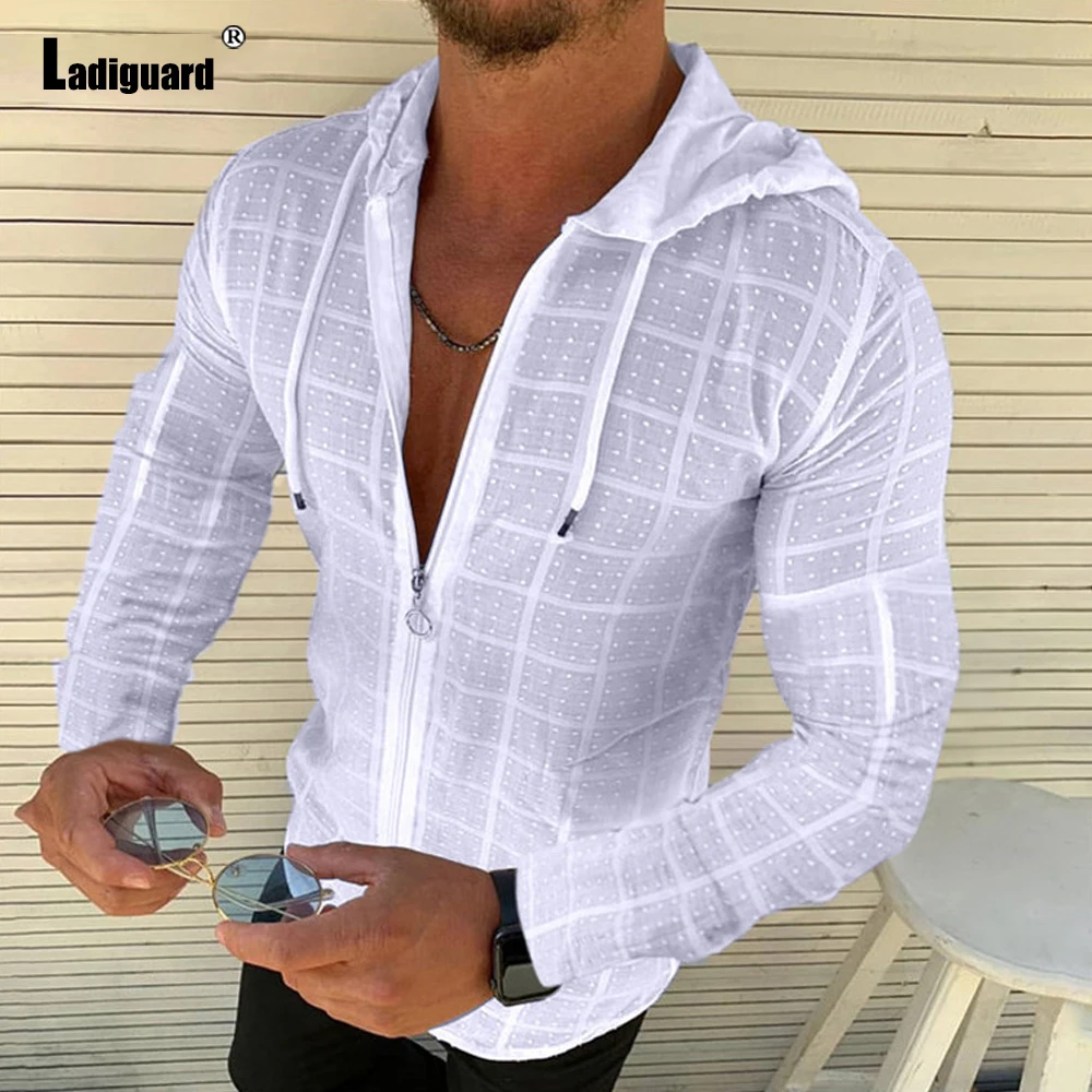 Ladiguard Trend 2023 Hoodie Shirt Patchwork Zipper Men Summer Casual Plaid Top Solid White Blouse Mens Open Stitch Thin Clothes