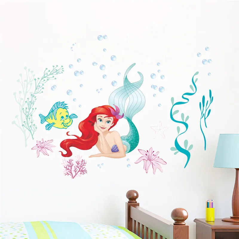 Cartoon princess Mermaid Ariel Princess  Fish Bubble Wall Stickers For Kids Room Home Decoration Diy Mural Art Girls Wall Decals