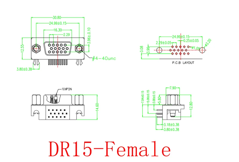 VGA socket DR15 female/head 3 rows 15 needle 90 degrees bending foot welded plate DB15 short body 3.08mm