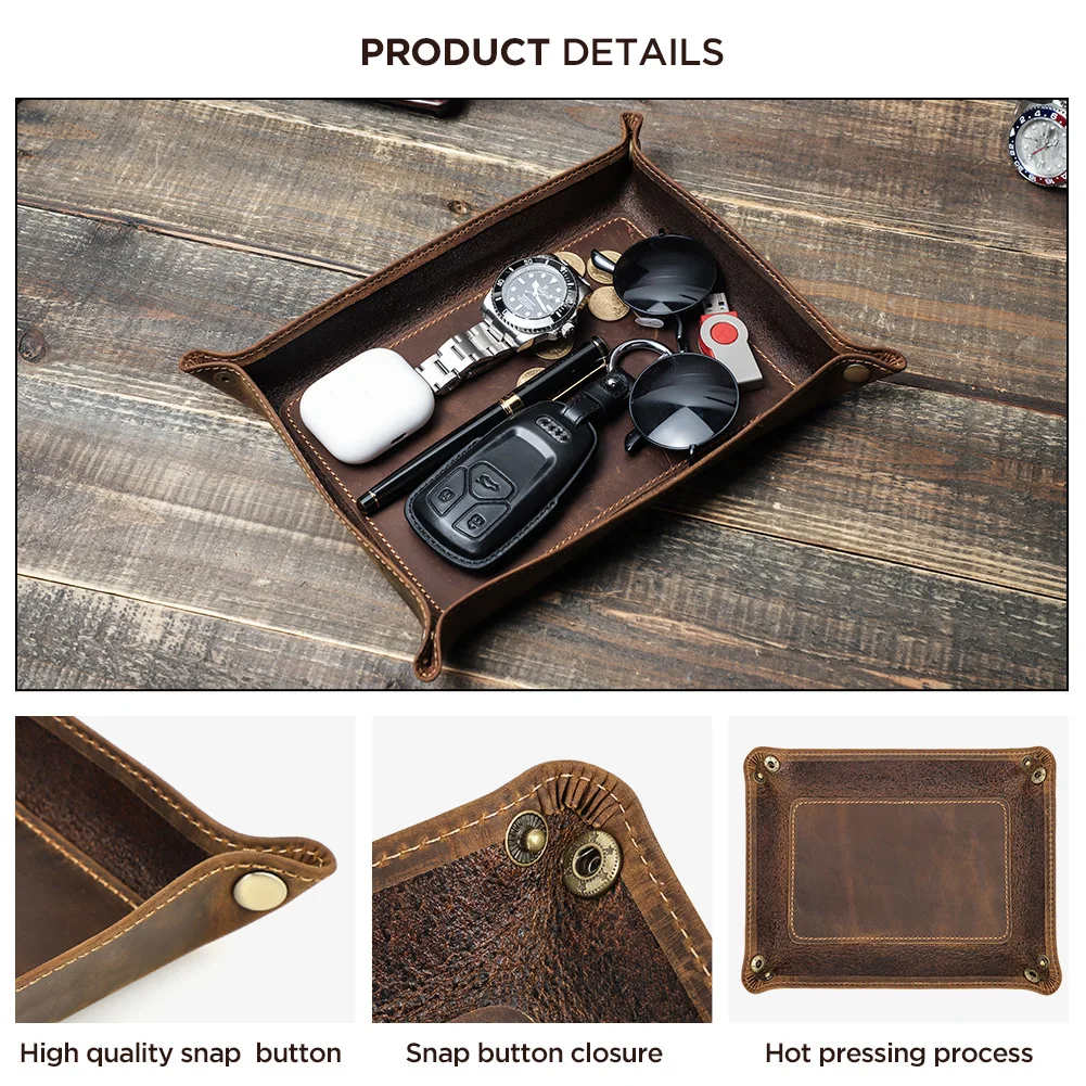 Genuine Leather Foldable Storage Trays Cowhide Square Tray Key Wallet Coin Organizer Home Office Desktop Storage Sundries Box