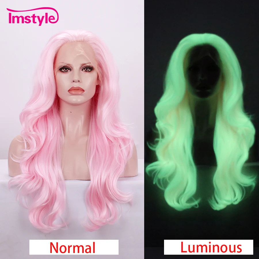 Imstyle Noctilucent Pink Synthetic Lace Front Wig Luminous Hair Wigs Natural Long Wavy Wig Party Wigs For Women