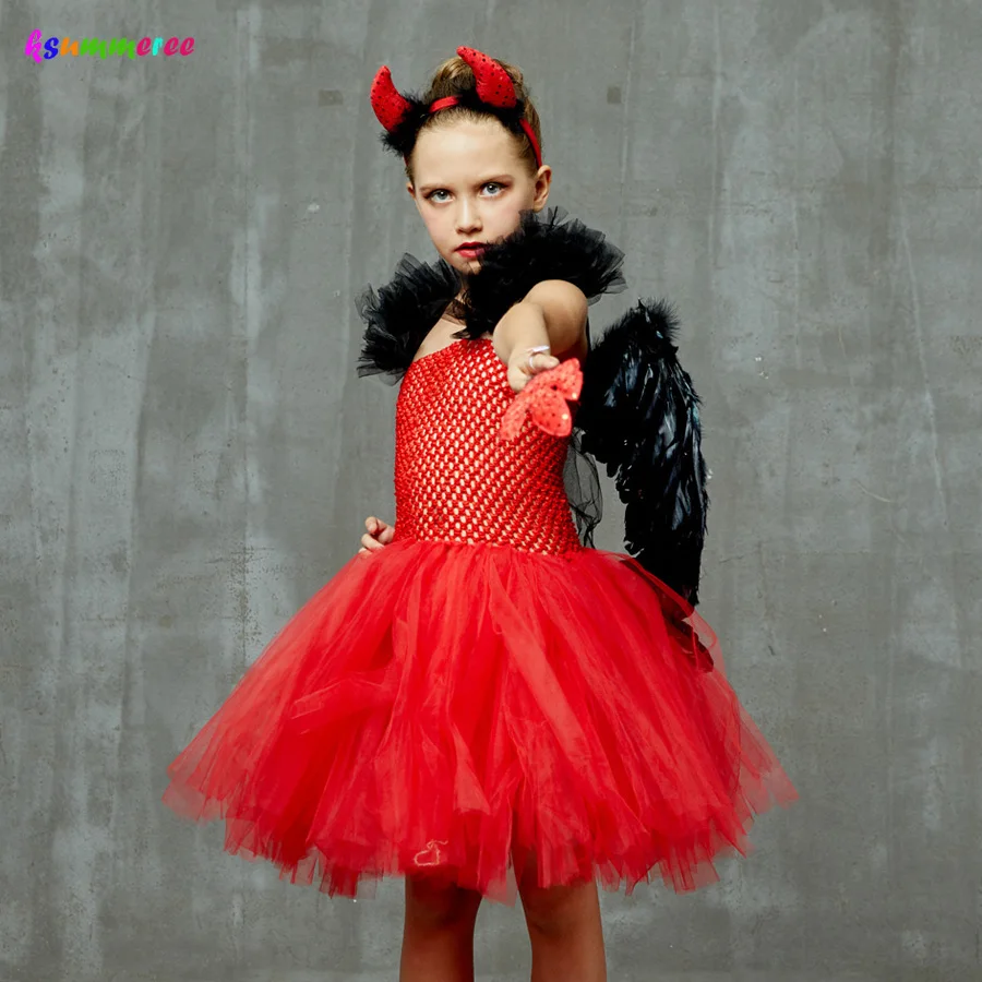 Wicked Red Devil Girls Tutu Dress Kids Halloween Cosplay Carnival Party Costume Handmade Tulle Children Fancy Satan Demon Dress