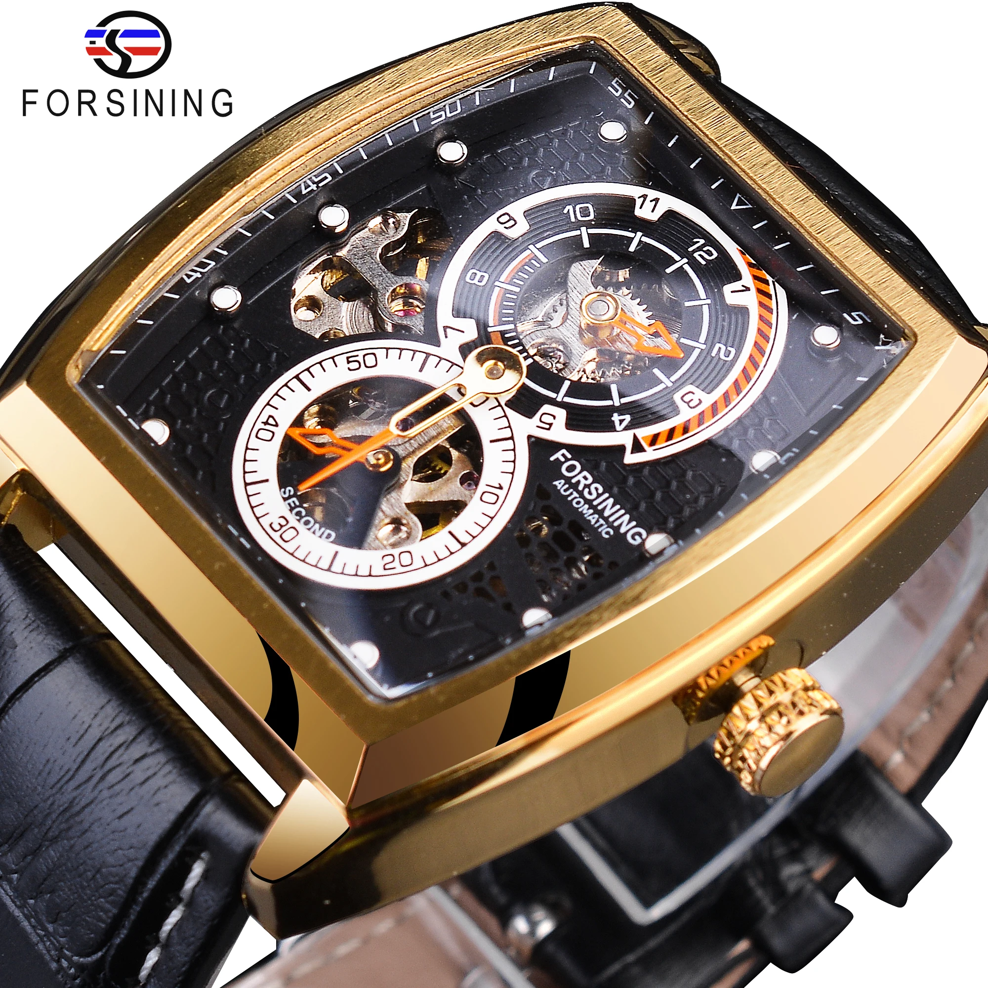 Forsining 2021 Fashion Two Dial Design orologi unici per uomo d\'affari che indossa orologi da polso meccanici automatici scheletro