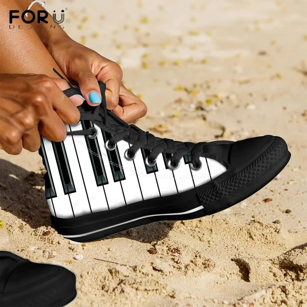 FORUDESIGNS Musical Notes Piano Keyboard Pattern Women High Top Canvas Shoes Casual Ladies Footwear Spring Gift for Girl Sneaker