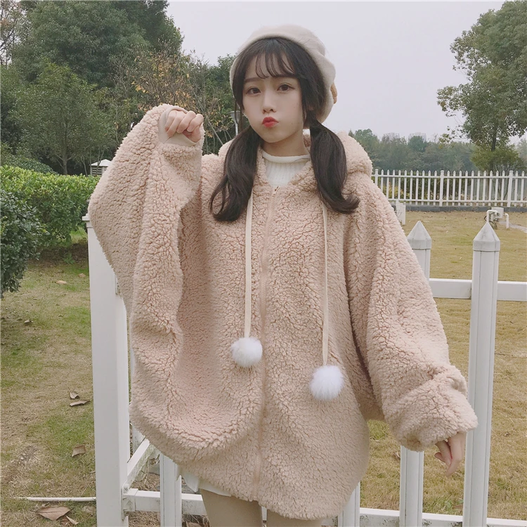 Holding your clothes corner autumn and winter 2019 new Japanese soft girl cute rabbit ears hooded plush thick coat women