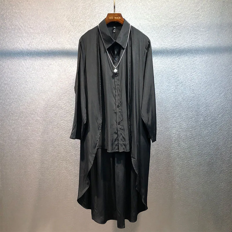 

Japanese solid color loose mid-length shirt male Harajuku style trend asymmetrical front short and long vacation two thin tops