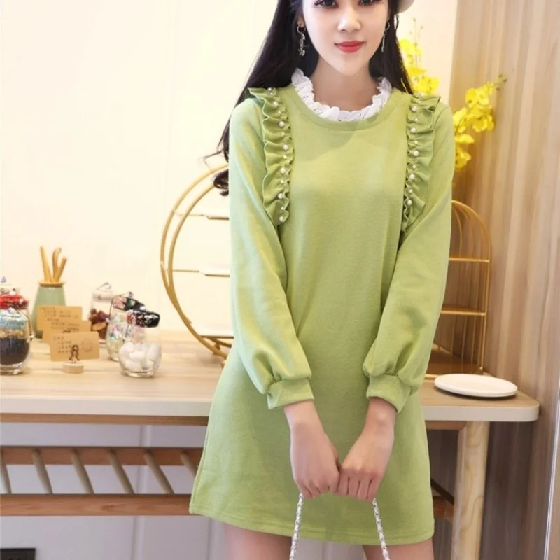 Patchwork Fashion Sweet Ruffle Knitting Dress Women Pullover O Neck Loose Fit A Line Dress Autumn Lady Long Sleeve Short Dresses