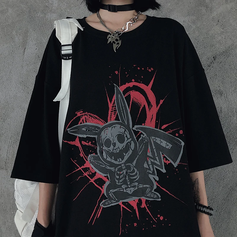 

Women T-Shirt Vintage Cartoon Print Short Sleeve Tops Streetwear Harajuku Punk Summer Loose Skeleton O-Neck Oversize y2k Clothes