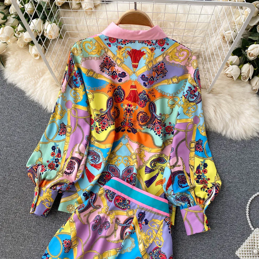 Runway Retro High-end Printing Elegant Temperament Loose Shirt High Waist Wide Leg Trousers Western Style 2-piece Fashion Suit