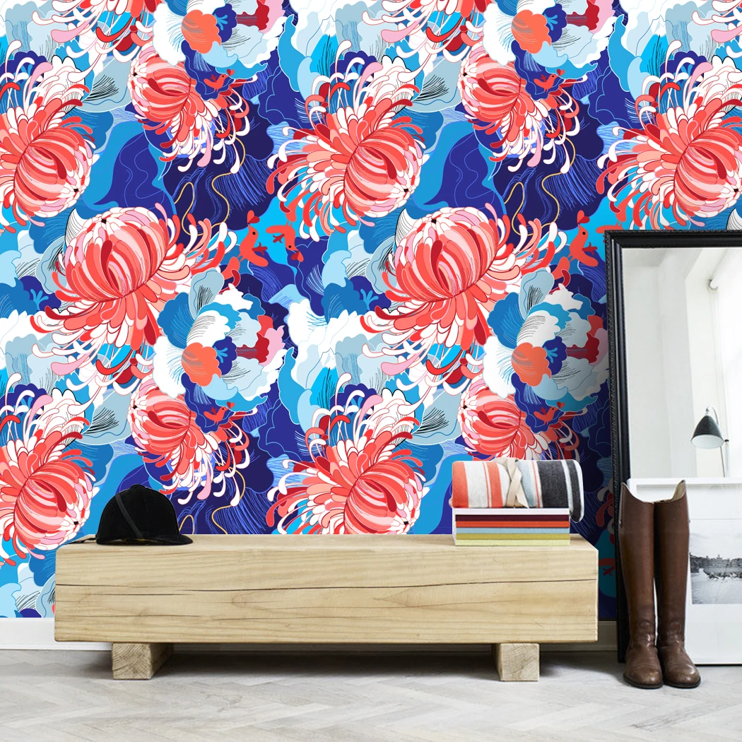 HaoHome Chinese Style self-adhesive Wallpaper Floral Peel and Stick Wallpaper Blue/Red Waterproof Wallcoverings for Home Decor