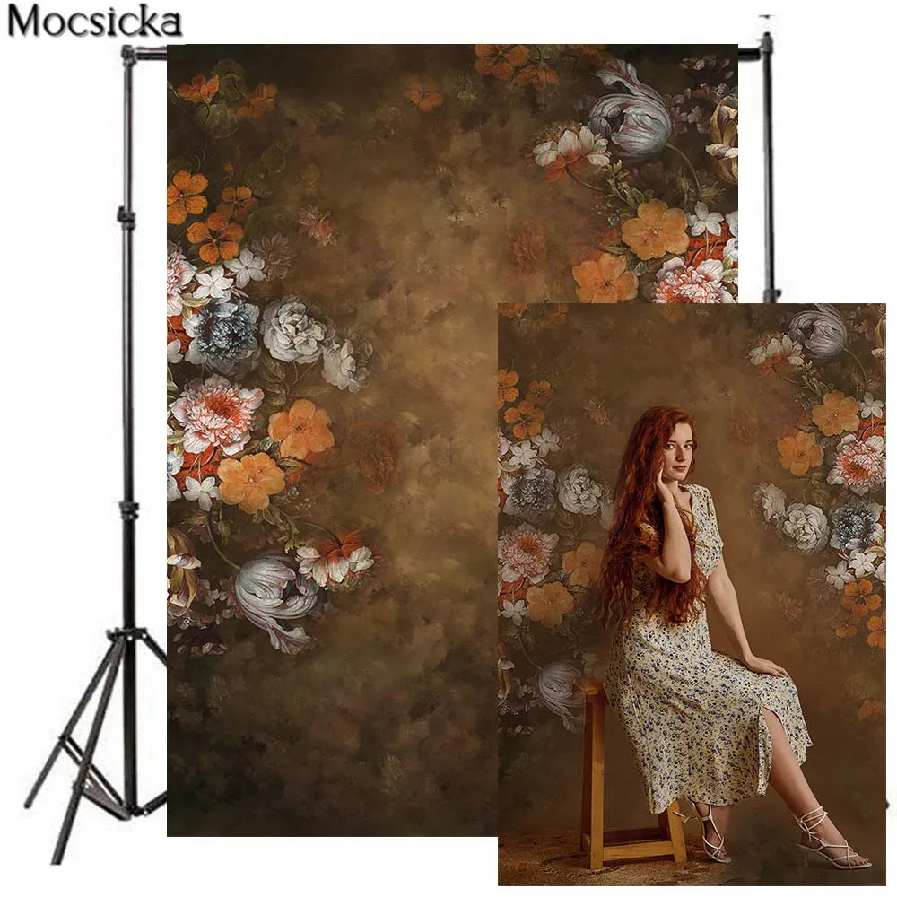 Mocsicka Brown Retro Florals Photo Background Baby Newborn Portrait Photography Props Women Photoshoot Backdrop for Photo Studio