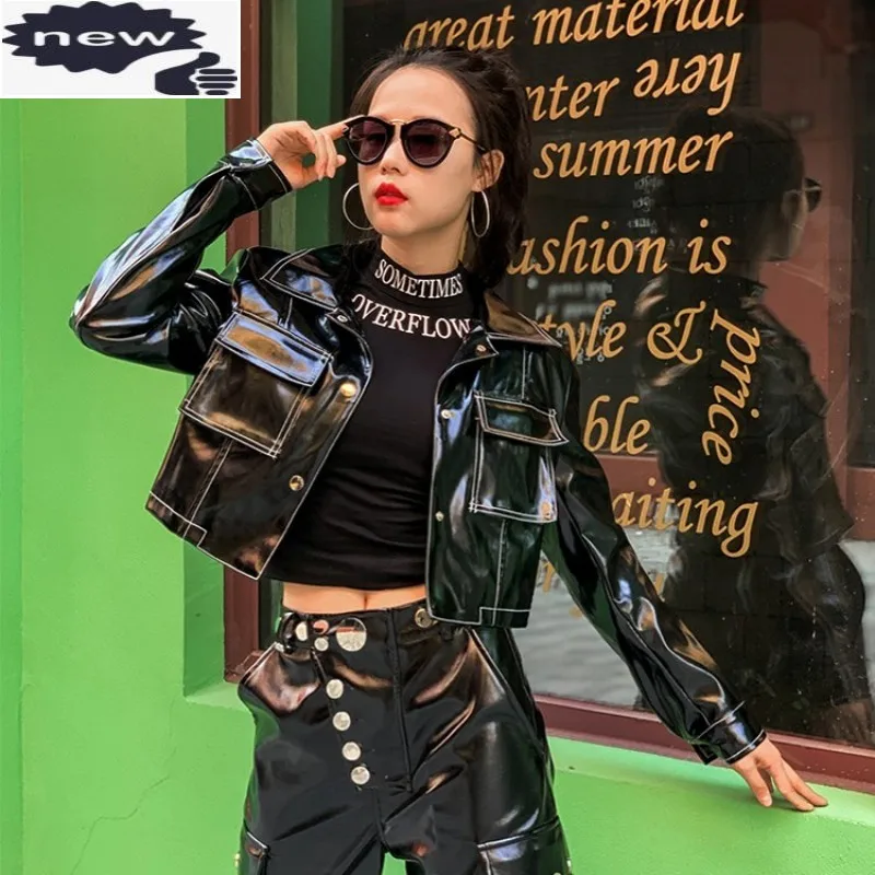 

Punk Style Women Short Bright Pu Jacket Pockets Motorcycle Biker Faux Leather Coat Fashion Single Breasted Cargo Jackets