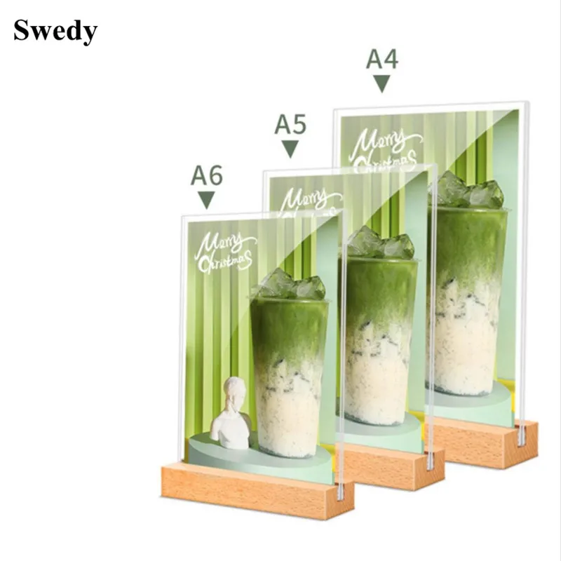 A5 Acrylic Sign Holder Beech Material T Shape Table Menu Holder Product Price Flyer Display Card Holder Stand