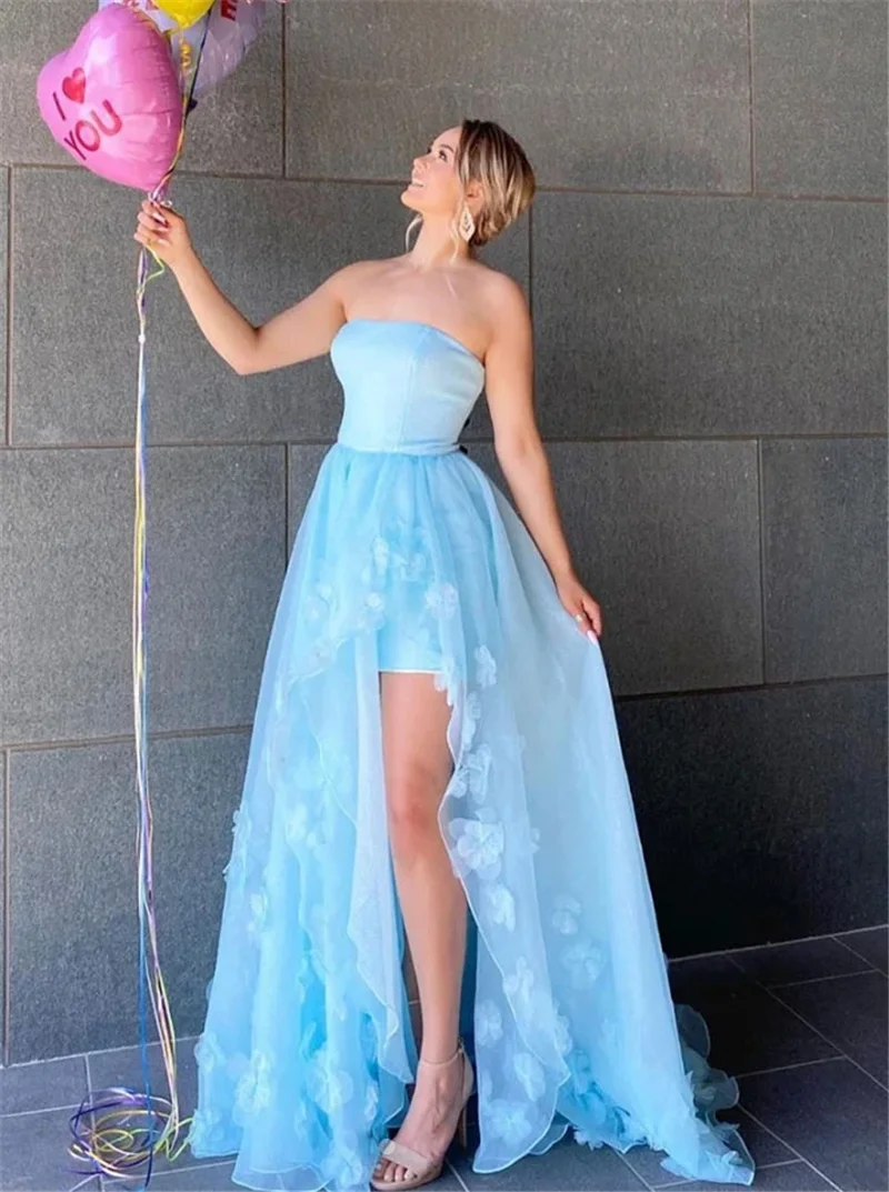 Sky Blue Prom Dresses 2020 New Tulle Flowers Split Strapless Simple Dance Party Dress платья знаменитостей Evening Dresses