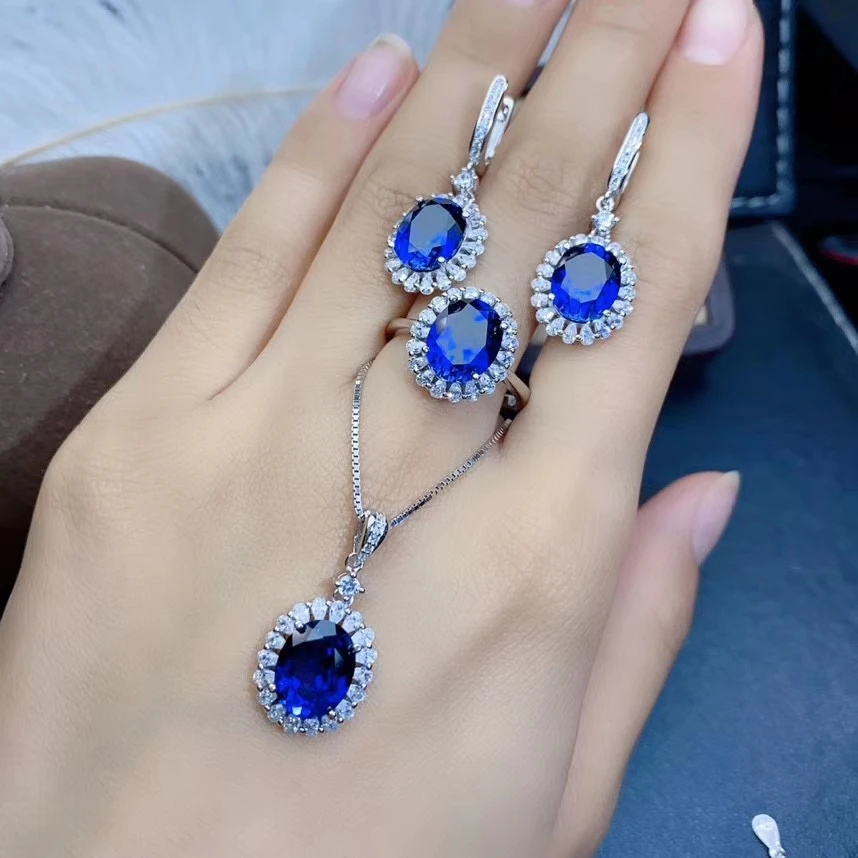 KJJEAXCMY Fine Jewelry 925 sterling silver inlaid natural sapphire female ring pendant earring set exquisite supports test